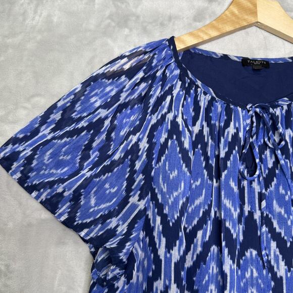 Talbots Blouse Womens XLP Petite Ikat Print Short Sleeve Tie Neck Top Polyester - Picture 1 of 9